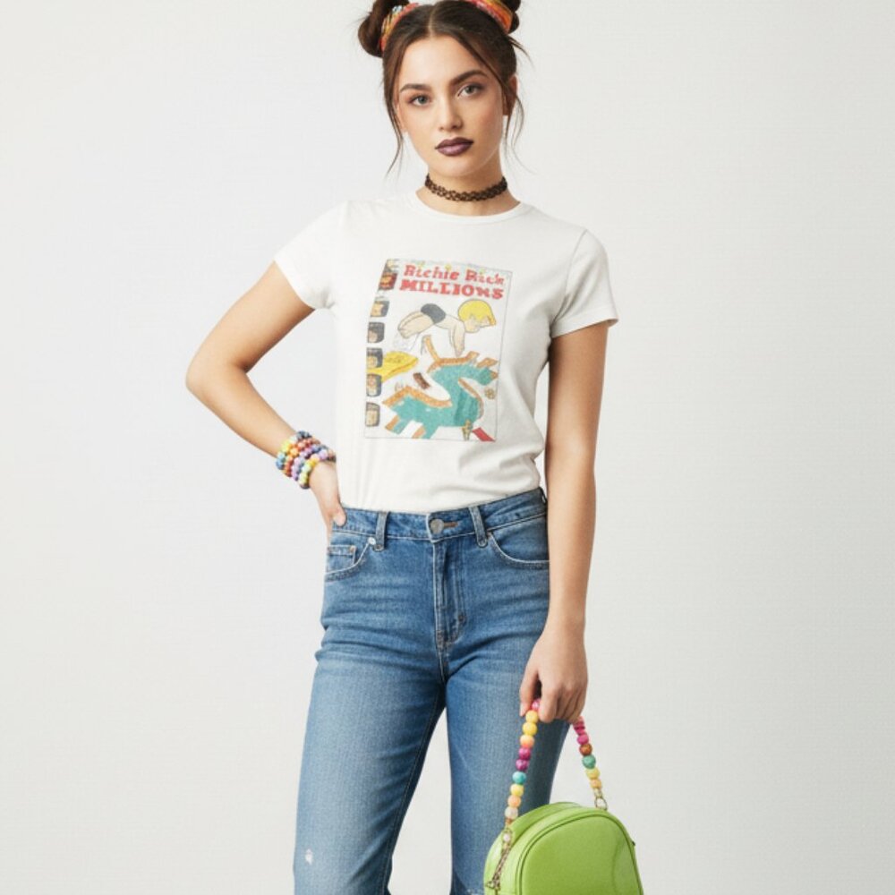 Richie Rich Retro Graphic Tee Vintage Style Distressed Fitted Tee Nostalgia
